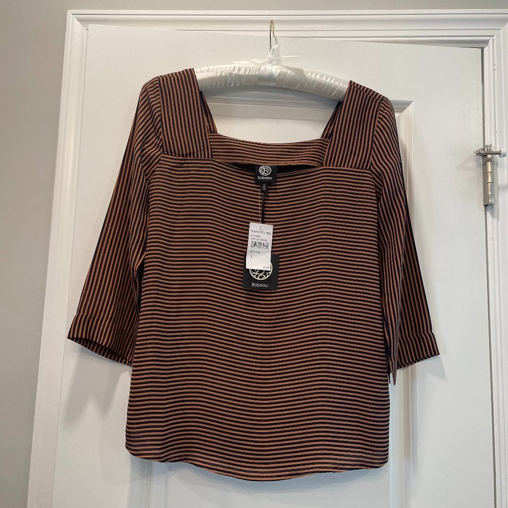 Bobeau Women Striped Navy Almond Top with 3/4 Sleeves NWT Size Small